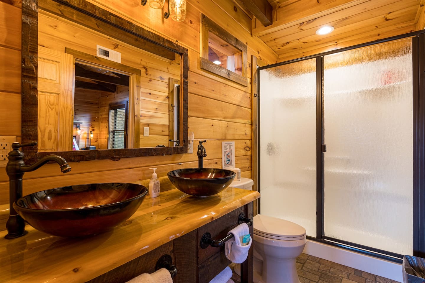 Upper level: bath with shower, reclaimed wood dual vanity